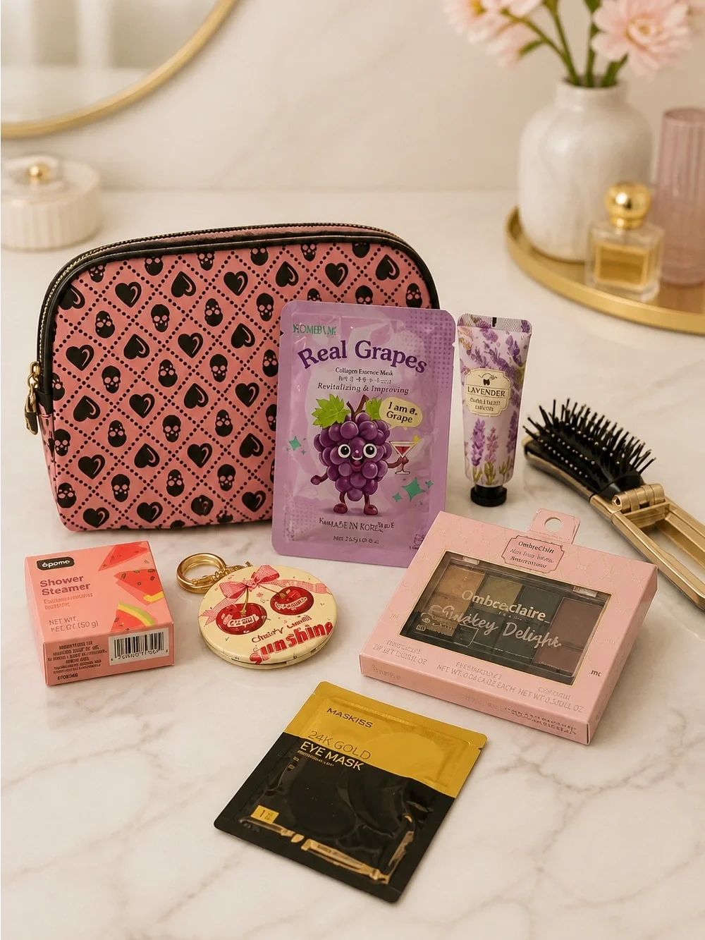 Ed Hardy Pink Heart-Print Cosmetic Bag